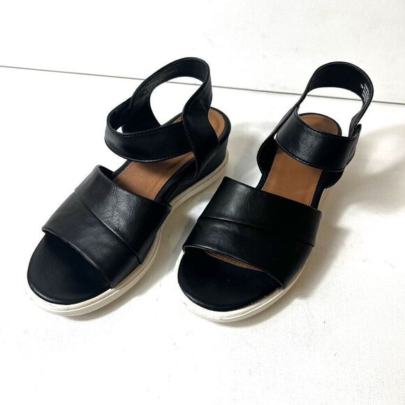 Sofft EuroSoft Sandal Womens 7M Comfort Casual Wedge Black Faux Leather Open Toe - Picture 3 of 12